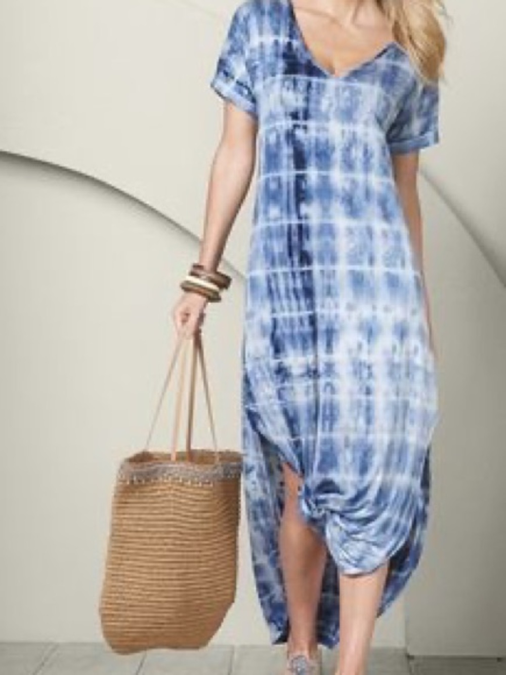 Blue Tie-Dye V-Neck Women’s Maxi summer Dress medium